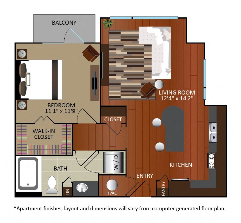 Floor plan for studio, 1 bath, 677 sqft
